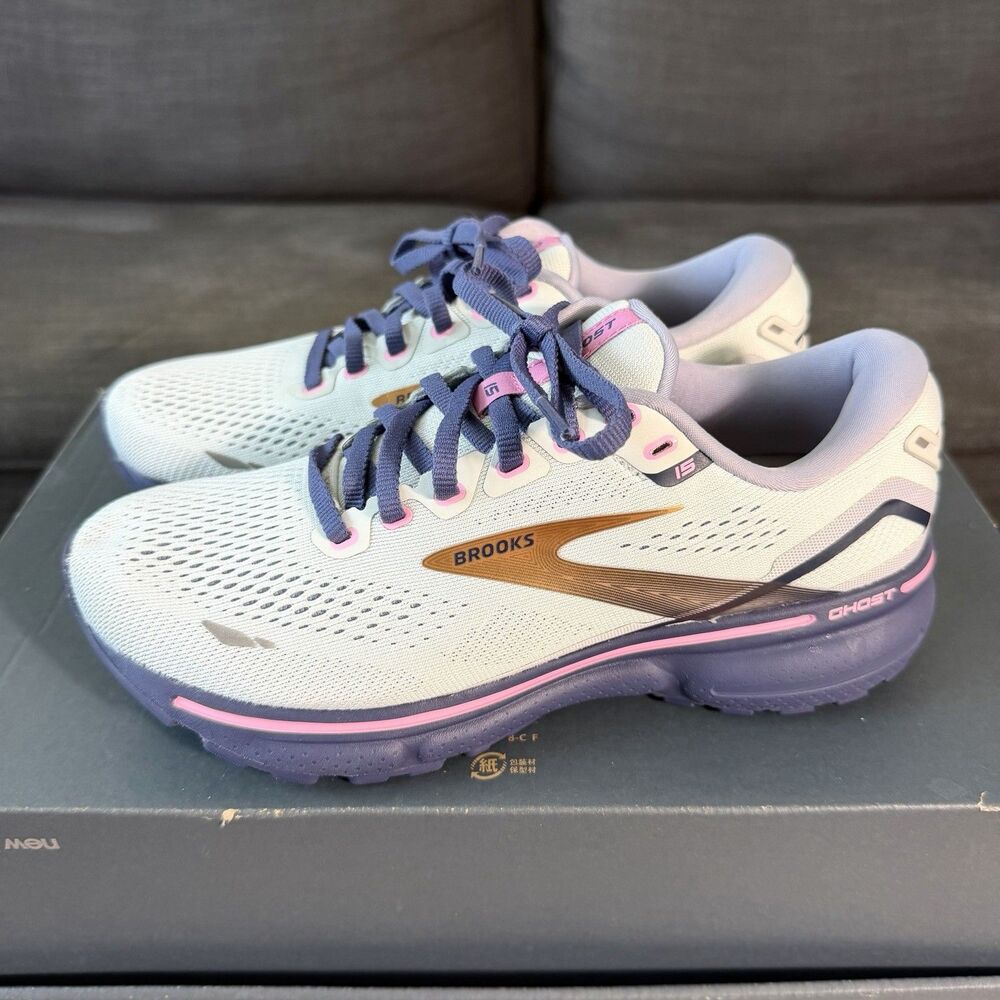Brooks Ghost 15 'Spa Blue / Neo Pink / Copper' Gray Running Shoes Women's 7 Wide